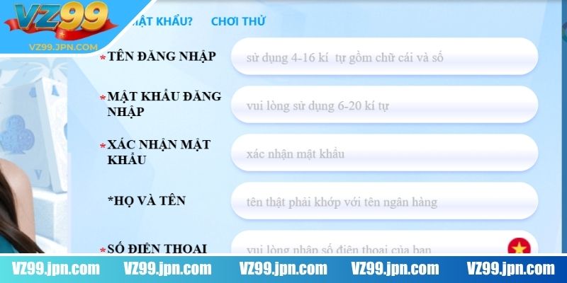 Đăng Ký VZ99 2 Nút đăng ký hiển thị ở vị trí dễ thấy, bên phải