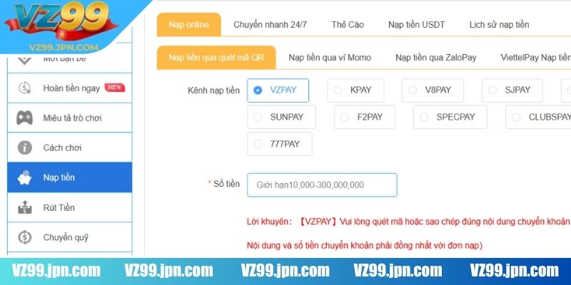 Nạp Rút Tiền VZ99 3 Người chơi cần chọn đúng phương thức thanh toán